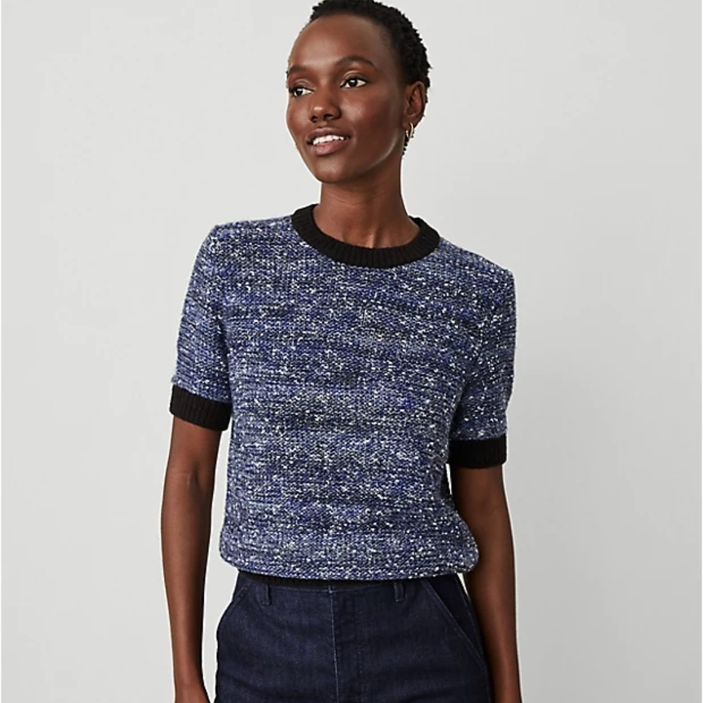 NWT Ann Taylor Blue Tweed Short-Sleeve Crewneck Top with Black Trim